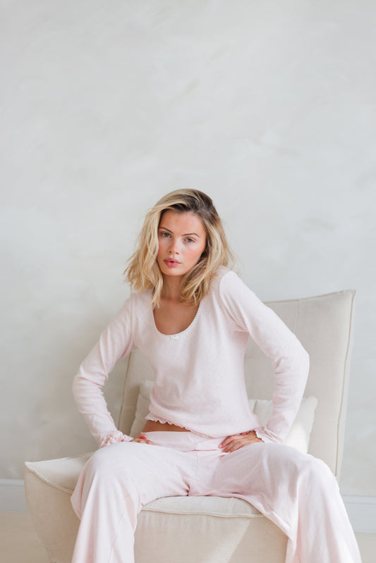 POINTELLE LONG SLEEVE TOP & TROUSER SET - SOFT PINK