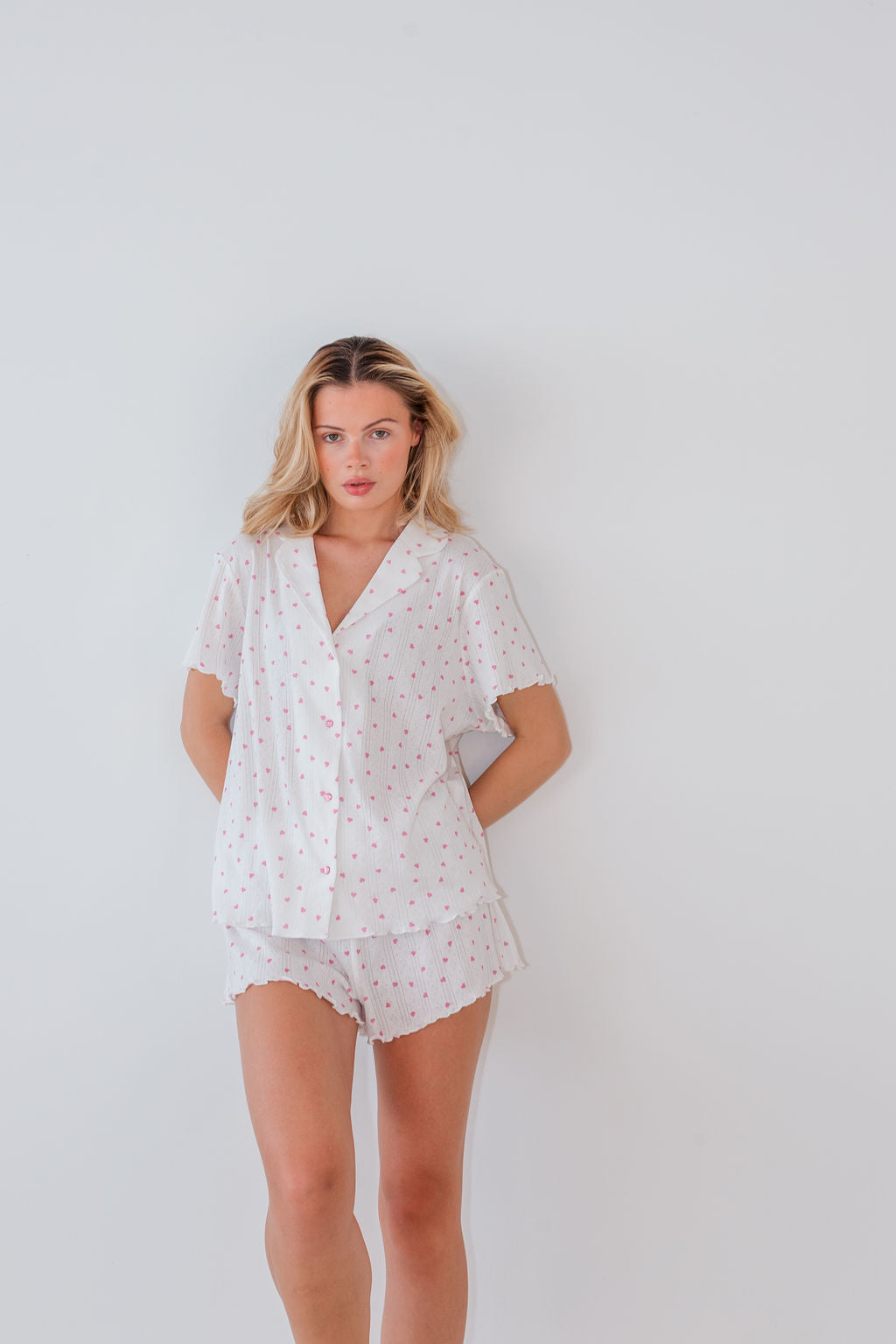 HEART POINTELLE SHIRT & SHORT SET - WHITE