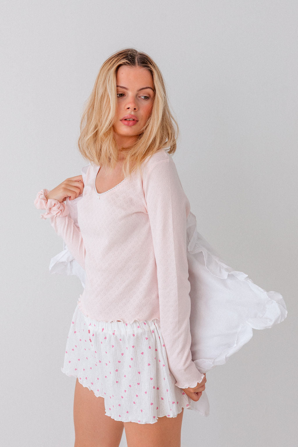 POINTELLE LONG SLEEVE TOP & TROUSER SET - SOFT PINK